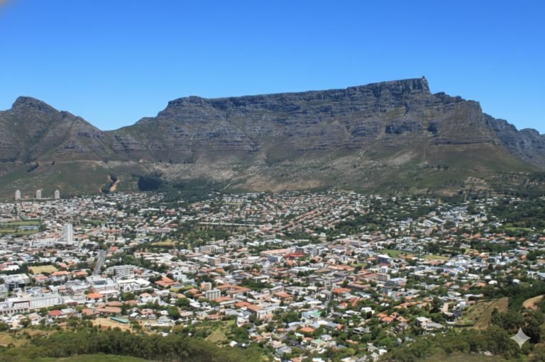 Panoramic daytime view of Cape Town’s city neighborhoods spread out below Table Mountain under a clear blue sky.