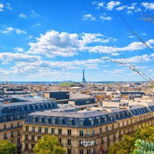 Panoramic Paris skyline with Haussmann rooftops and the Eiffel Tower under bright blue skies on a sunny day.