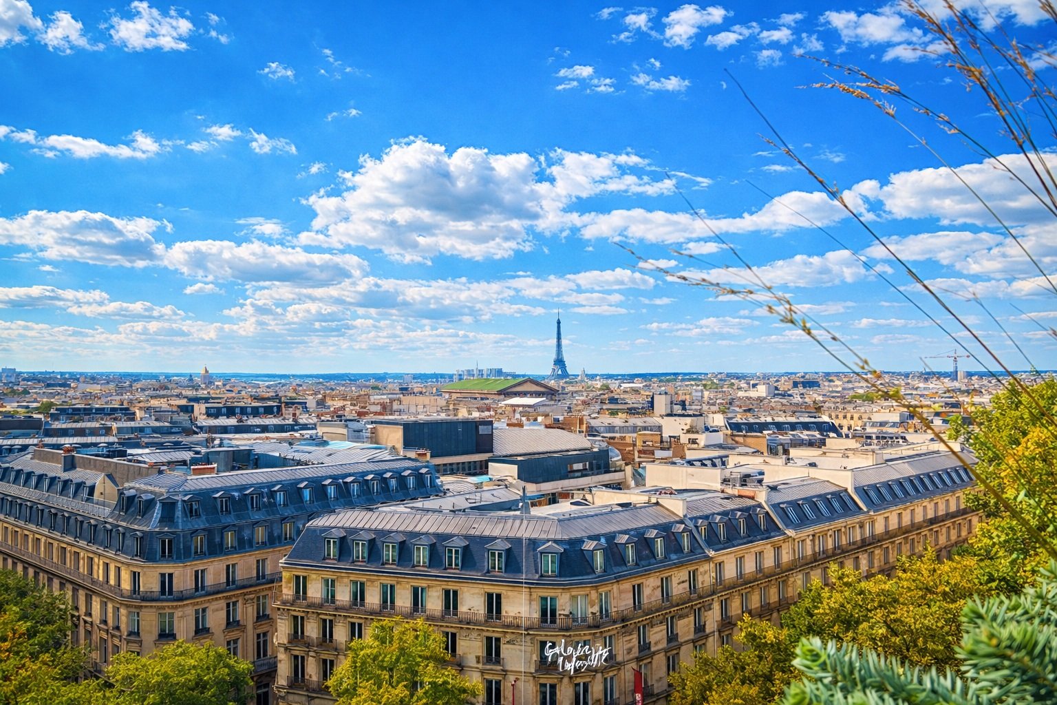 Panoramic Paris skyline with Haussmann rooftops and the Eiffel Tower under bright blue skies on a sunny day.