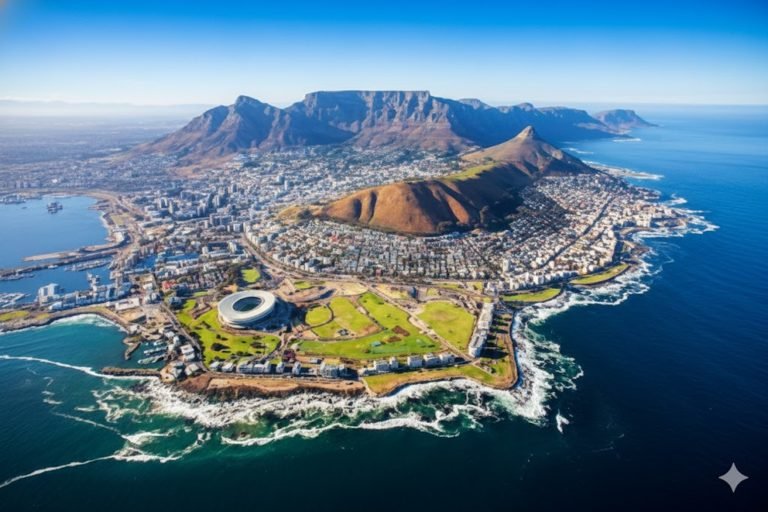 Aerial panoramic view of Cape Town with Table Mountain, Lion’s Head, the coastline, and Cape Town Stadium beside the Atlantic Ocean.