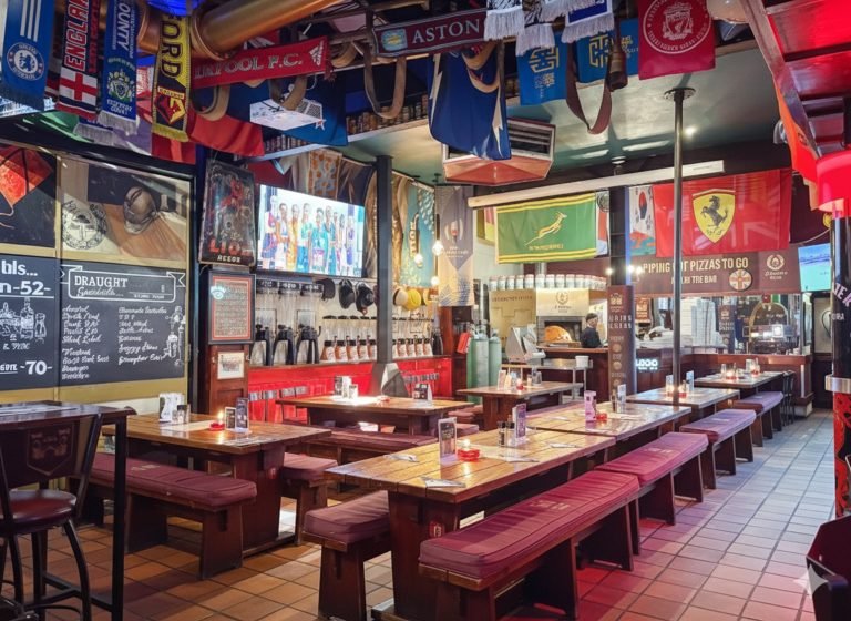 Lively sports bar in Cape Town with long wooden tables, hanging international flags, and multiple TV screens Caption: Description: