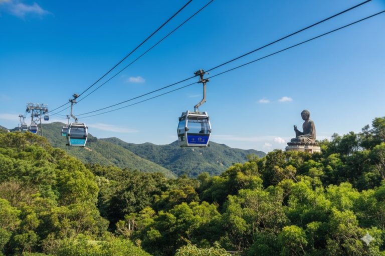 Things to do in Hong Knog - Ngong Ping 360 cable cars gliding over lush green mountains toward the Tian Tan Buddha under clear blue skies on a sunny day.