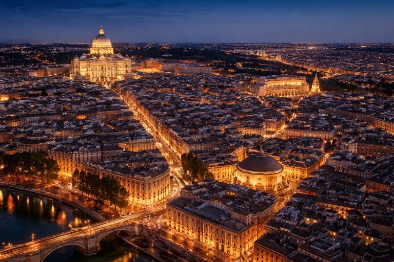 Aerial evening view of Rome illuminated at night, with St. Peter’s Basilica, the Pantheon, and historic streets glowing under city lights.