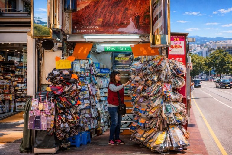 Street market stall in Hong Kong displaying colorful accessories and goods, captured in sharp detail on a bright, clear day.