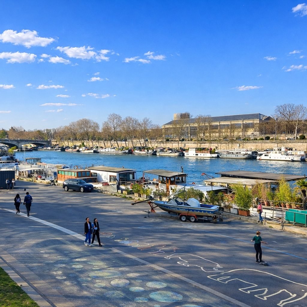 Sunny riverside promenade along the Seine in Paris with people walking and skating, houseboats moored on the river, and bright blue skies overhead.