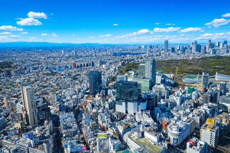 Aerial view of Tokyo on a sunny day with bright blue skies, dense city buildings, modern skyscrapers, and large green park areas. Caption Description