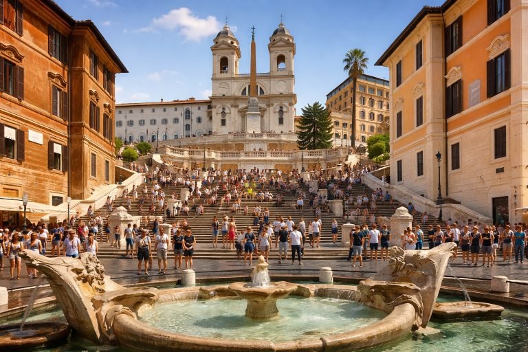 Spanish Steps and Piazza di Spagna in Rome on a sunny afternoon with blue skies, tourists on the steps and Barcaccia Fountain in the foreground