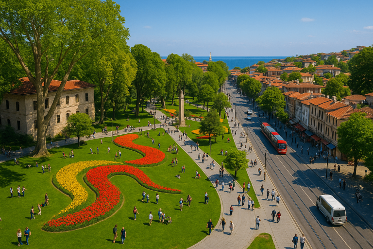 Aerial view of Gülhane Park in Istanbul with tulip gardens, trams, and people — relaxing things to do in Istanbul.
