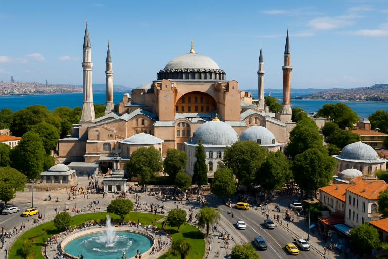 Aerial view of Hagia Sophia Grand Mosque with busy streets and the Bosphorus — one of the top things to do in Istanbul.