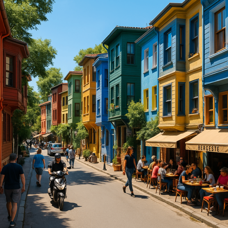Street view of colorful Ottoman houses and cafés in Kuzguncuk, a hidden gem among things to do in Istanbul.