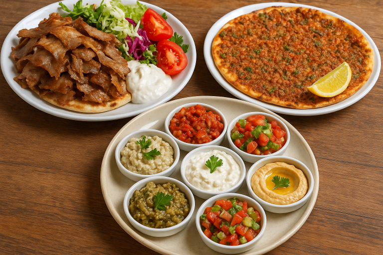 Close-up of doner kebab, lahmacun, and meze platter — tasting local food is one of the best things to do in Istanbul.