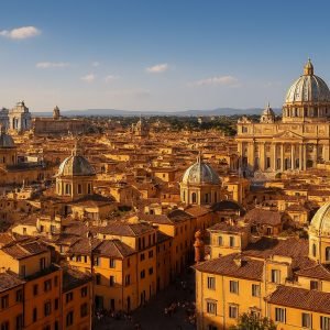 Things to do in Rome: Aerial view of Rome’s cityscape with domes, rooftops, and landmarks under a sunny blue sky.