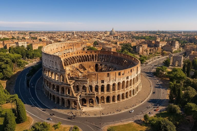 Aerial panoramic view of the Colosseum in Rome surrounded by historic buildings, roads, and greenery under a clear blue sky.
