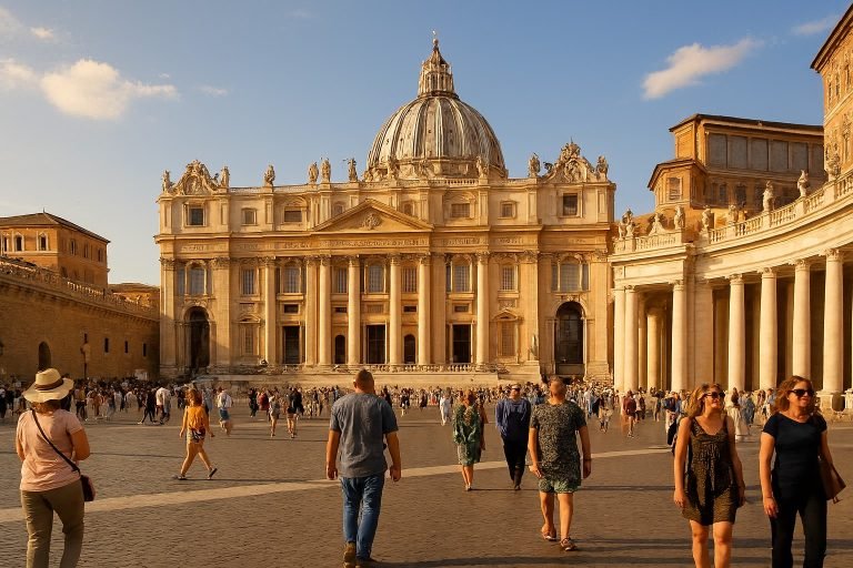 Things to do in Rome - St. Peter’s Basilica and St. Peter’s Square in Vatican City filled with visitors on a sunny afternoon.