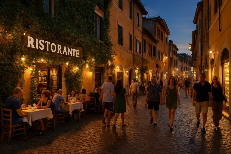 Things to do in Rome: Evening street-level view of Trastevere in Rome with people dining and strolling under string lights.