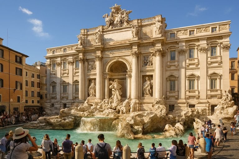 Trevi Fountain in Rome crowded with visitors on a sunny afternoon under clear blue skies.