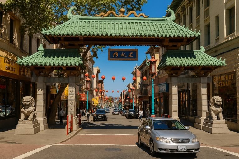 Chinatown’s Dragon Gate in San Francisco with red lanterns, storefronts, and traffic on a sunny afternoon.