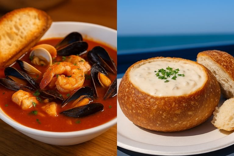 Split image of cioppino and clam chowder in a sourdough bowl, two must-try dishes in San Francisco on a sunny afternoon.
