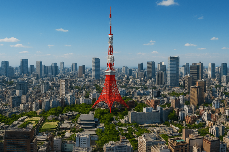 Aerial view of Tokyo Tower rising above the skyline, surrounded by skyscrapers and green parks, showcasing one of the most iconic things to do in Tokyo.