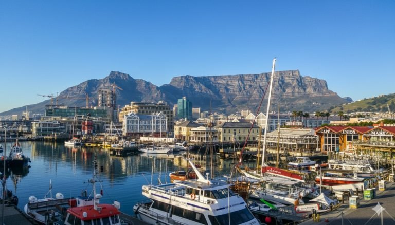 Cape Town V&A Waterfront marina with boats, harbor buildings, and Table Mountain under clear blue skies