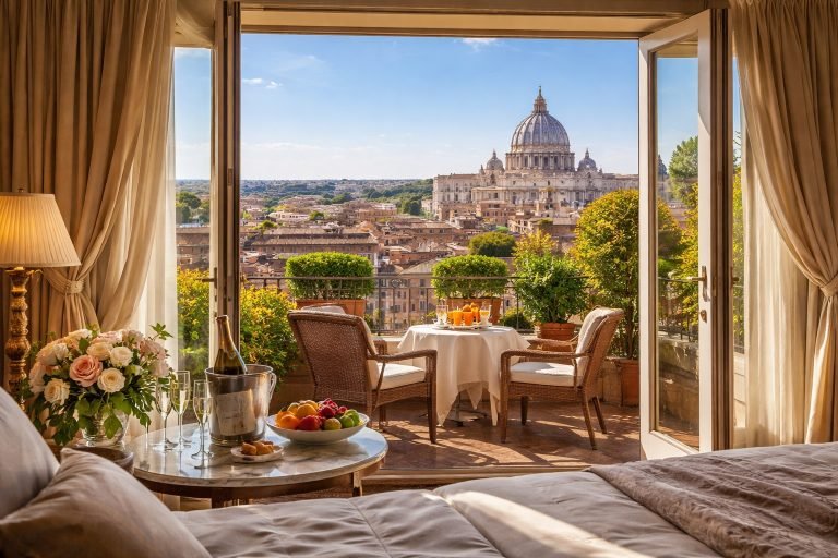 Luxurious hotel room in Rome with open balcony doors overlooking St. Peter’s Basilica under a bright blue sky.