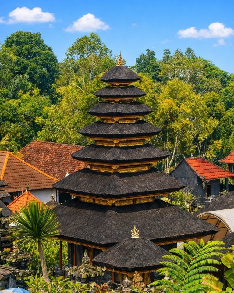 Seven-tiered Balinese meru temple with dark thatched roofs and gold detailing, surrounded by lush tropical greenery under a bright blue sky in Bali.
