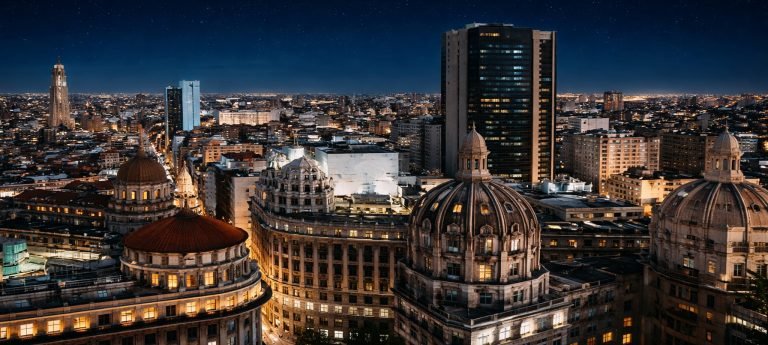 Nighttime panoramic view of Buenos Aires skyline with illuminated historic domes and modern high-rises under a clear starry sky.
