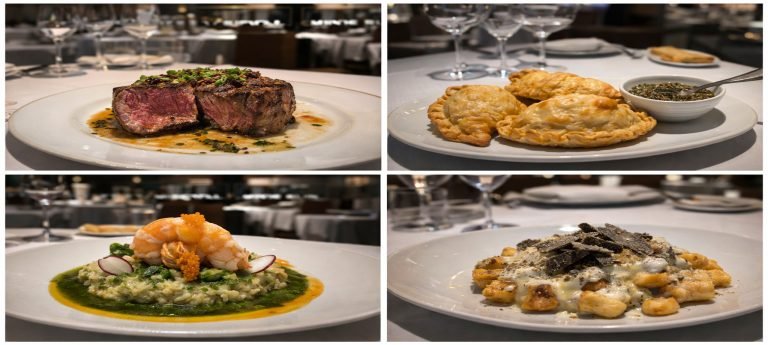 Collage of four upscale Argentine dishes in an elegant fine-dining restaurant setting, including steak, empanadas, seafood risotto, and gourmet gnocchi.