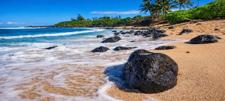 Rocky Hawaiian beach with black volcanic stones along golden sand, gentle waves rolling in under bright blue skies on a sunny afternoon.