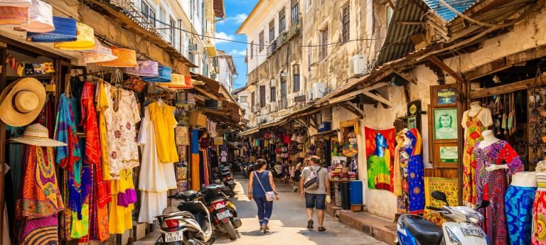 Colorful market street in Stone Town, Zanzibar with textile shops, hanging fabrics, scooters, and tourists walking under bright blue skies.