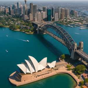 Aerial view of Sydney Opera House and Sydney Harbour Bridge with the Sydney CBD skyline and blue harbour water.