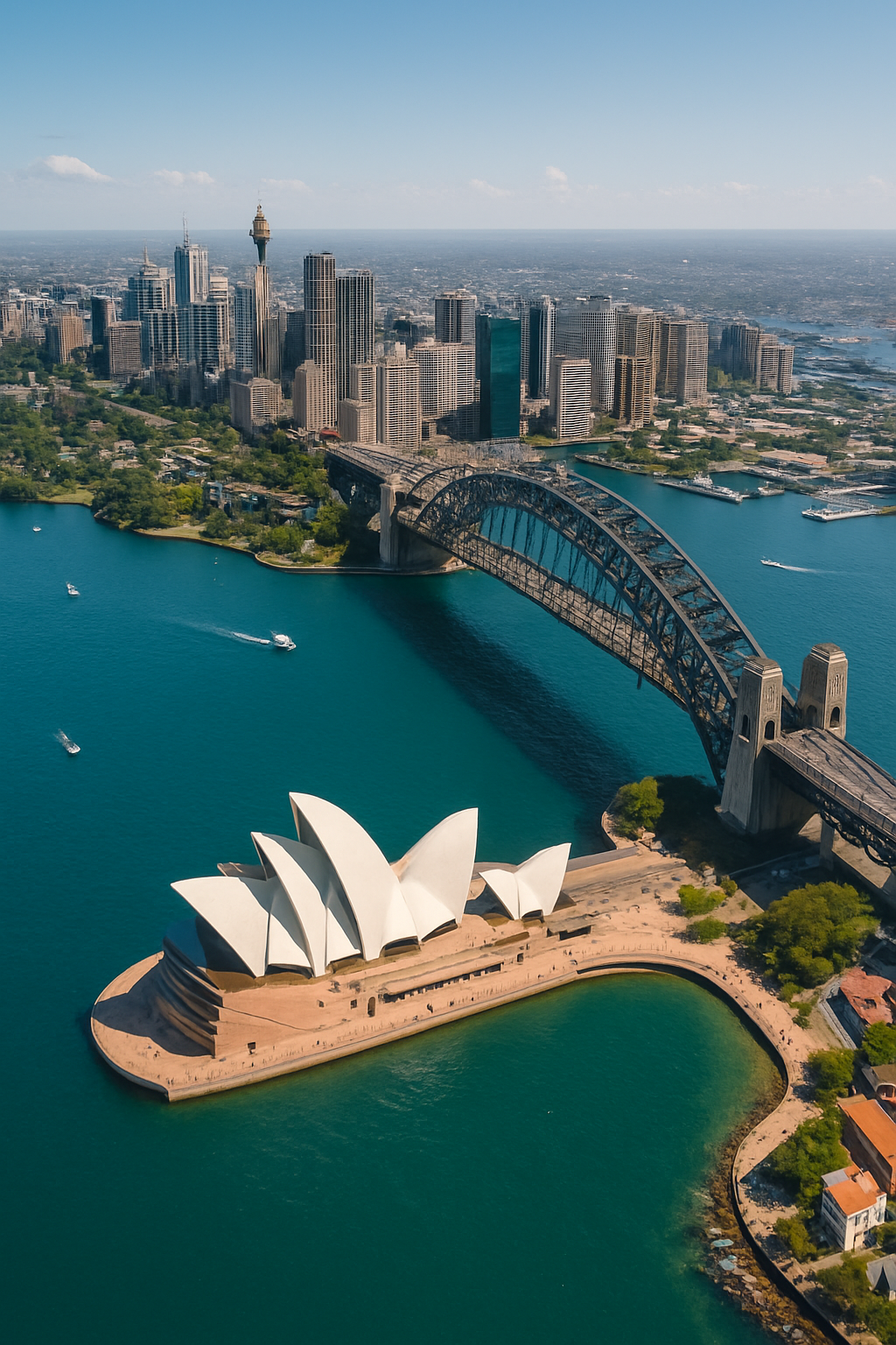 Aerial view of Sydney Opera House and Sydney Harbour Bridge with the Sydney CBD skyline and blue harbour water.