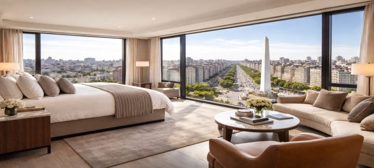 Luxurious modern corner hotel room with floor-to-ceiling windows overlooking the Obelisk of Buenos Aires and Avenida 9 de Julio on a sunny afternoon.