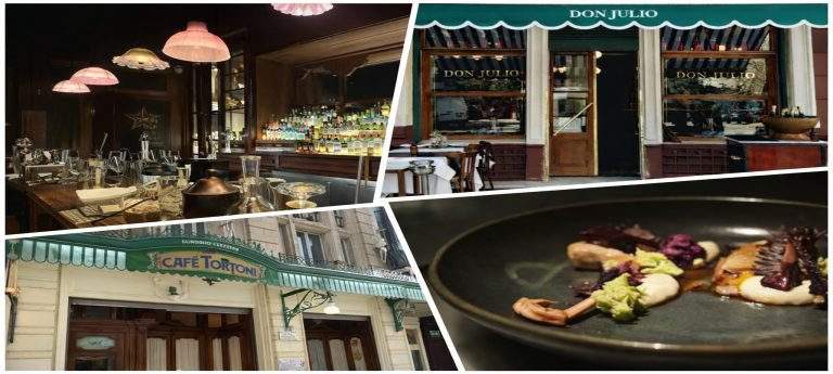 Collage of four Buenos Aires food and nightlife scenes featuring Don Julio steakhouse exterior, Café Tortoni façade, an elegant cocktail bar interior, and a gourmet plated dish, divided by diagonal white borders.