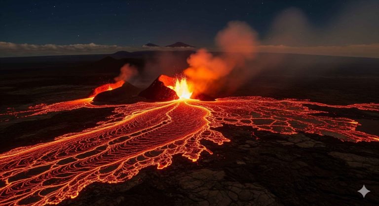 An aerial photo of the molten glow of Kīlauea volcano at night with rivers of lava flowing.