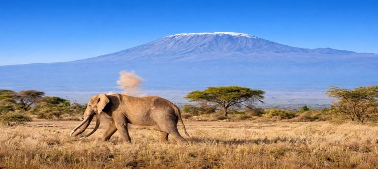African elephant walking across golden savannah grass with Mount Kilimanjaro’s snow-capped peak rising under a bright blue sky in Tanzania.