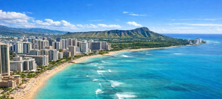 Aerial view of Waikiki Beach in Honolulu with turquoise ocean waters, sandy shoreline, high-rise hotels, and Diamond Head crater in the background on a sunny afternoon