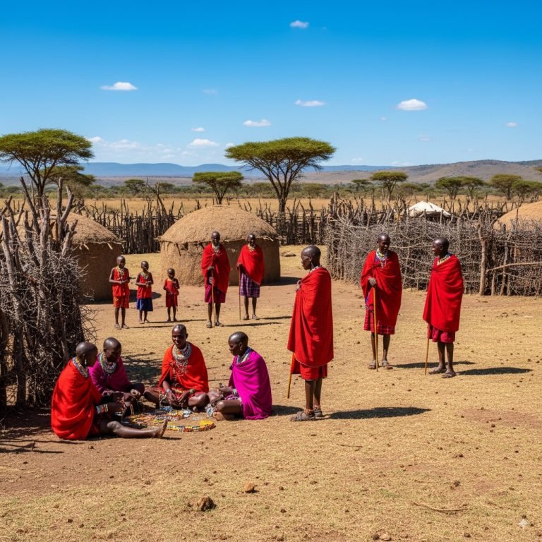 Maasai people wearing traditional red clothing gathered outside mud huts in a rural village landscape.
