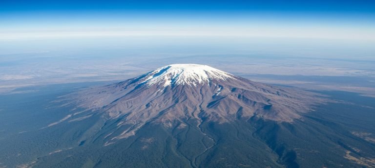 Aerial view of Mount Kilimanjaro with its snow-capped summit rising above the plains of Tanzania under a clear blue sky.