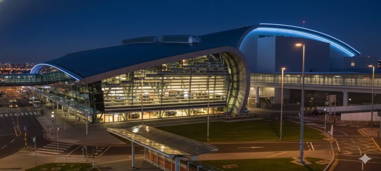 Night view of a modern airport terminal with a large, sweeping curved roof and a glowing glass facade overlooking a quiet roadway.