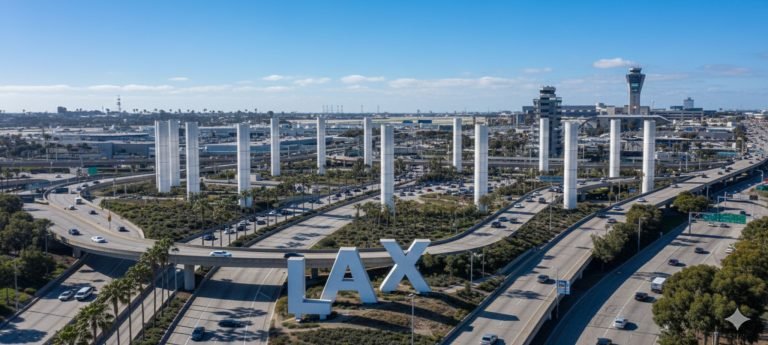 Aerial view of Los Angeles International Airport (LAX) with freeway loops, terminals, and the LAX sign in the foreground
