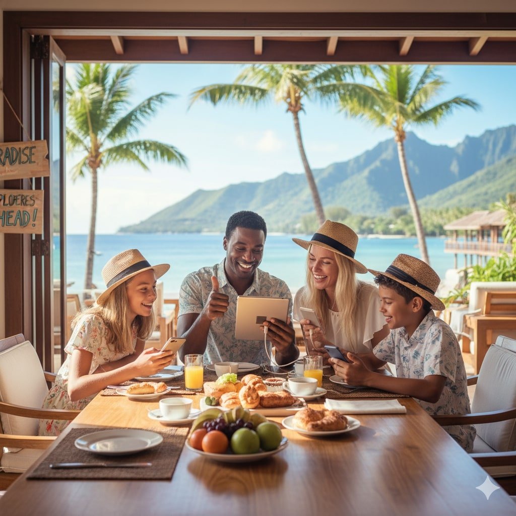 Family enjoying breakfast while staying connected with mobile devices using an international travel eSIM at a tropical beach resort