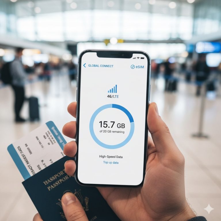 Traveler checking remaining international eSIM mobile data on a smartphone at the airport while holding a passport and boarding pass.