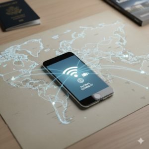 Smartphone displaying “Global Connect” on a world map, illustrating global eSIM coverage and international network connectivity.