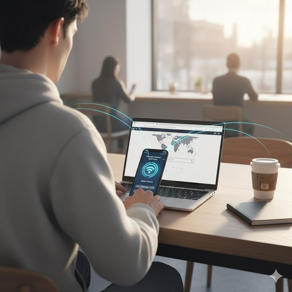 Person using laptop and smartphone connected via global eSIM in a café, showing international data access.