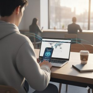 Person using laptop and smartphone connected via global eSIM in a café, showing international data access.