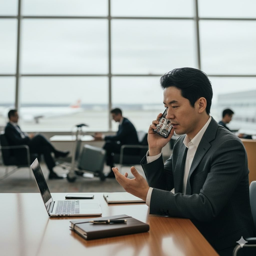 Business traveler using eSIM mobile data on a video call at an airport workspace.