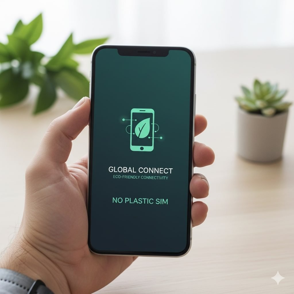 Hand holding smartphone displaying eco-friendly eSIM concept with message “No plastic SIM.”