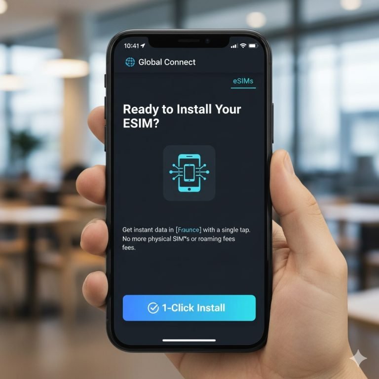 Hand holding smartphone showing “Ready to install your eSIM?” screen with 1-click install button in a café setting.