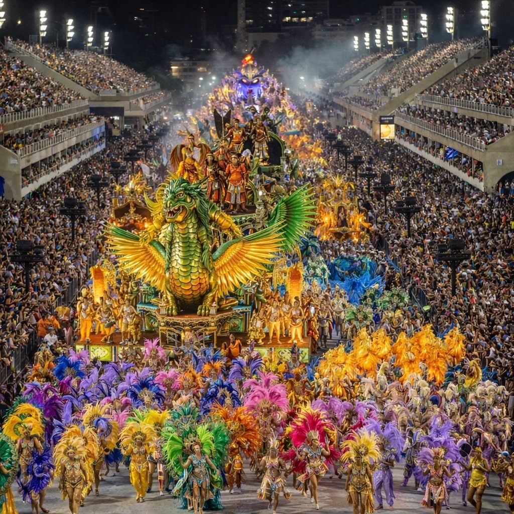Things to do in Rio de Janeiro: Carnival parade at the Sambadrome in Rio de Janeiro with samba dancers in colorful feathered costumes and illuminated floats performing before a packed crowd at night